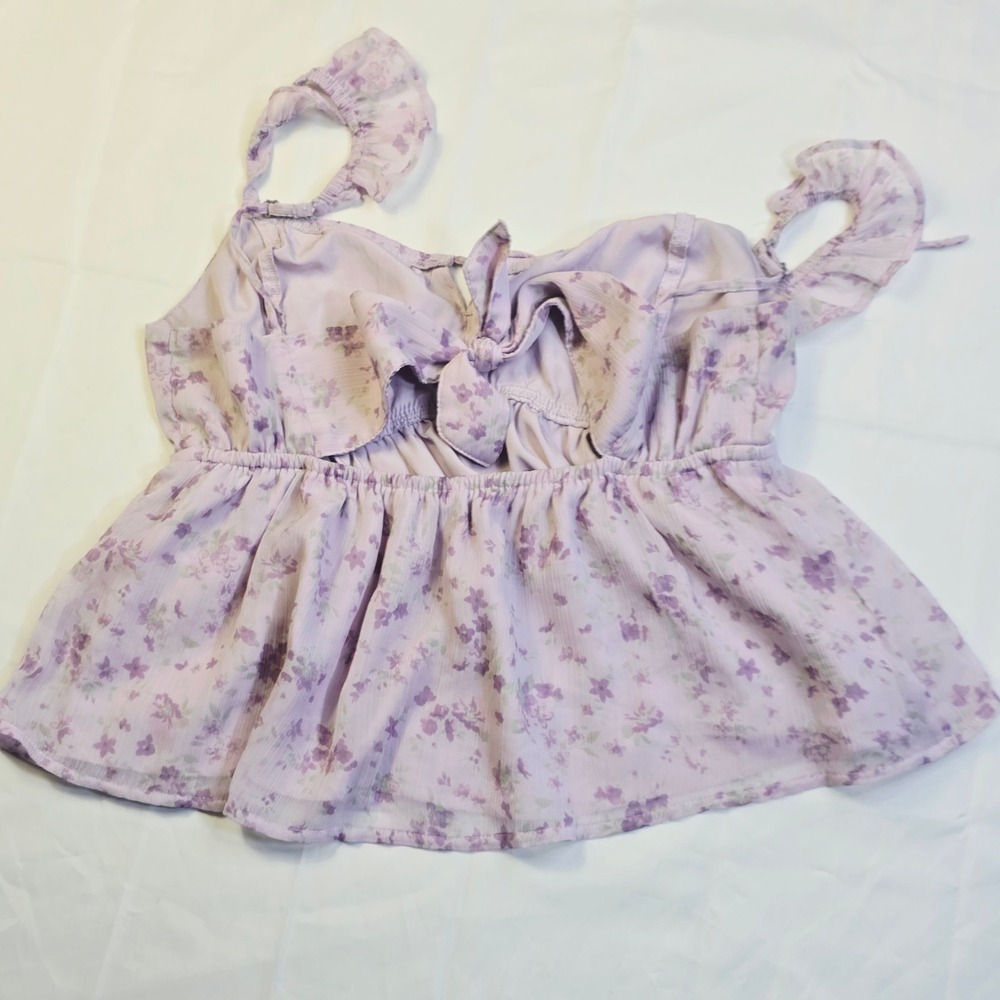 Hollister Womens Floral Babydoll Cami Top Size S Purple Ruffle Strap Chiffon H21 - Picture 12 of 16